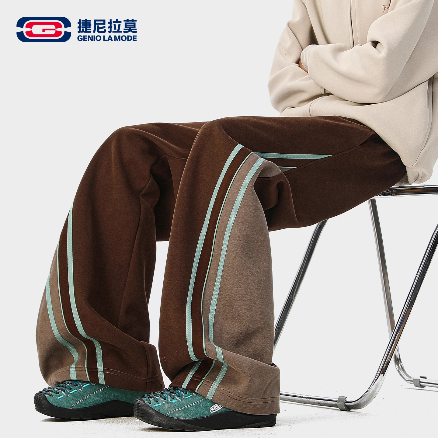 【敖瑞鹏代言】GENIOLAMODE美式条纹拼接男士秋冬新款宽松休闲卫裤