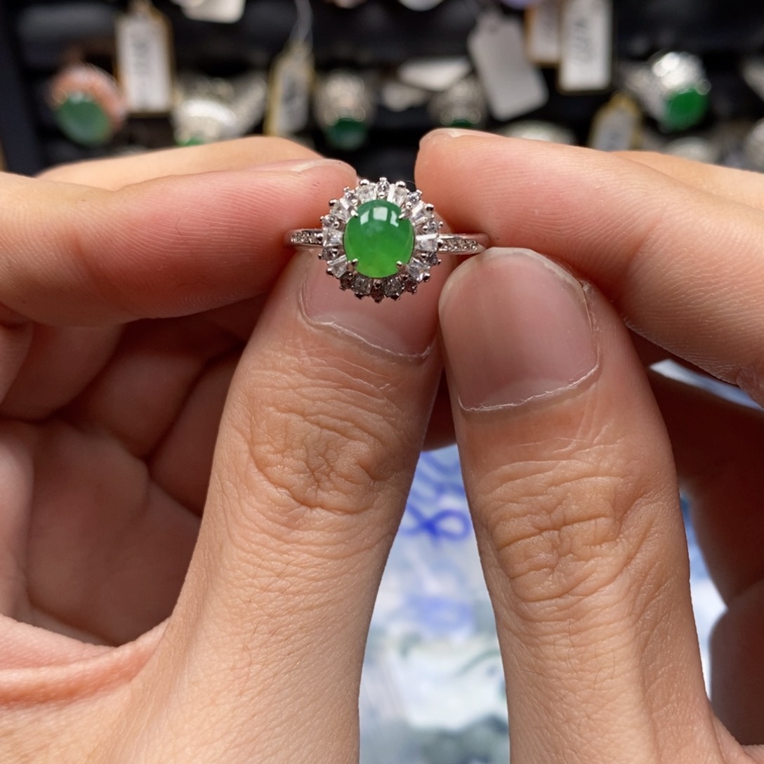 翡翠戒指银S925镶嵌摘***糖天然缅甸翡翠a货