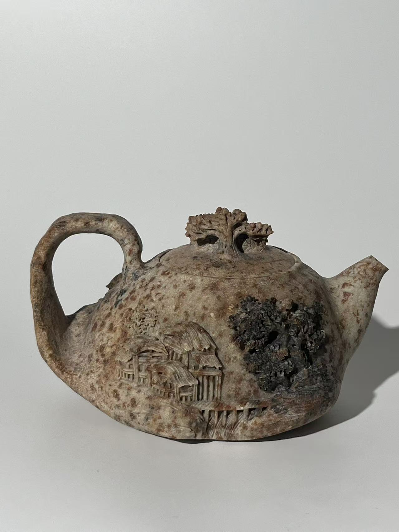 榕栖山舍310cc 冰碛岩手工雕刻石头茶壶随型石壶容量茶器晶体豹纹