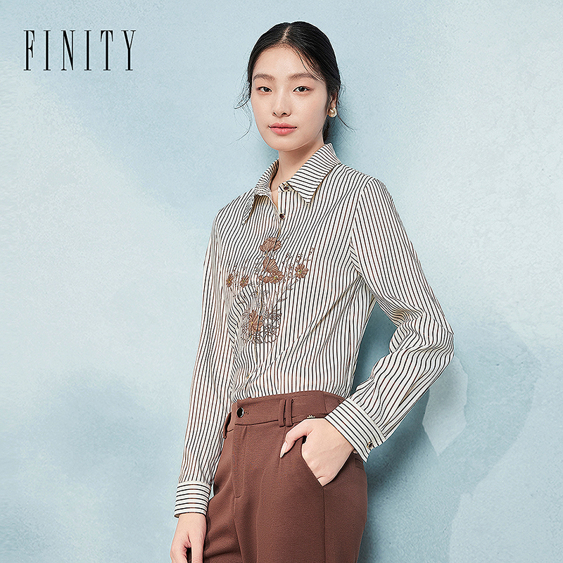 FINITY 衬衫新款条纹设计感印花百搭减龄上衣 F21YCC11C5