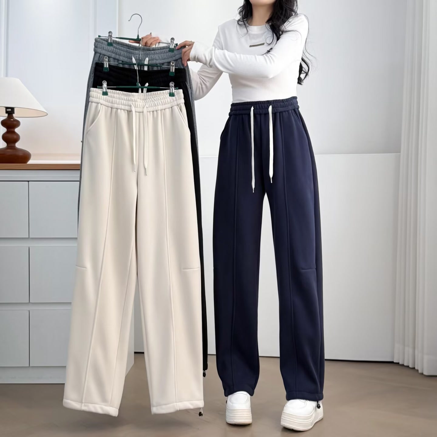 大码胖mm窄版直筒裤2025秋冬新款抽绳束脚两穿宽松加绒休闲裤2583