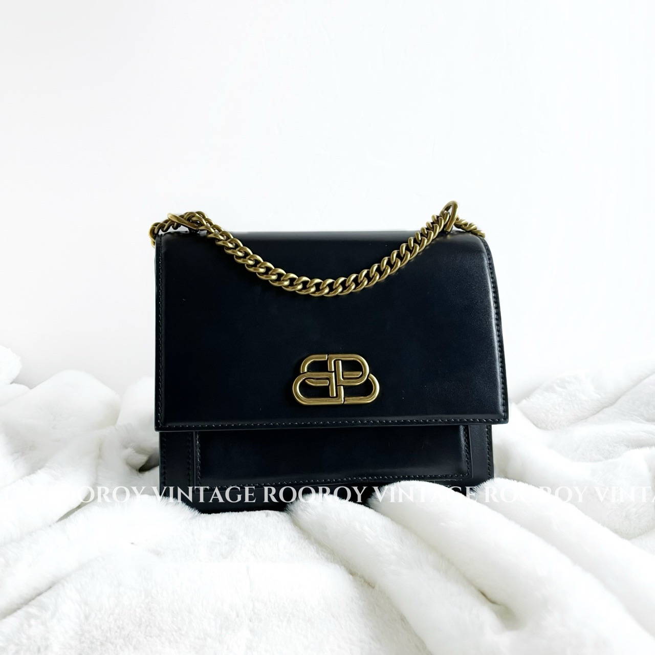 95新 Balenciaga/巴黎世家 黑色金扣牛皮单肩斜挎链条包/1572