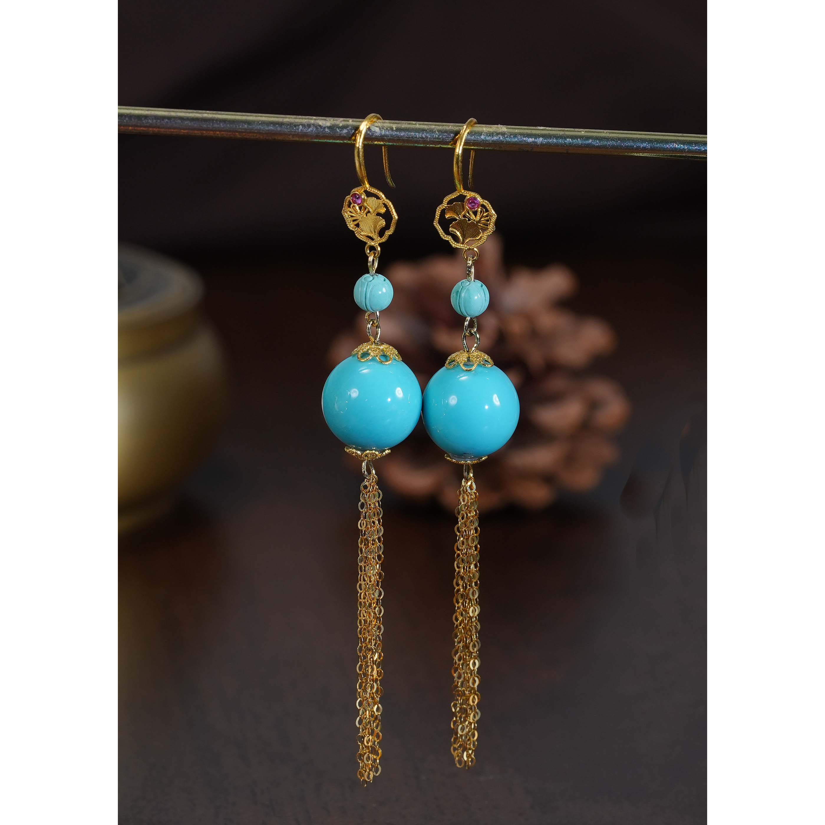 【婧婧精选】收藏级 · 18k金原矿绿松石圆珠耳坠 多样性发一 