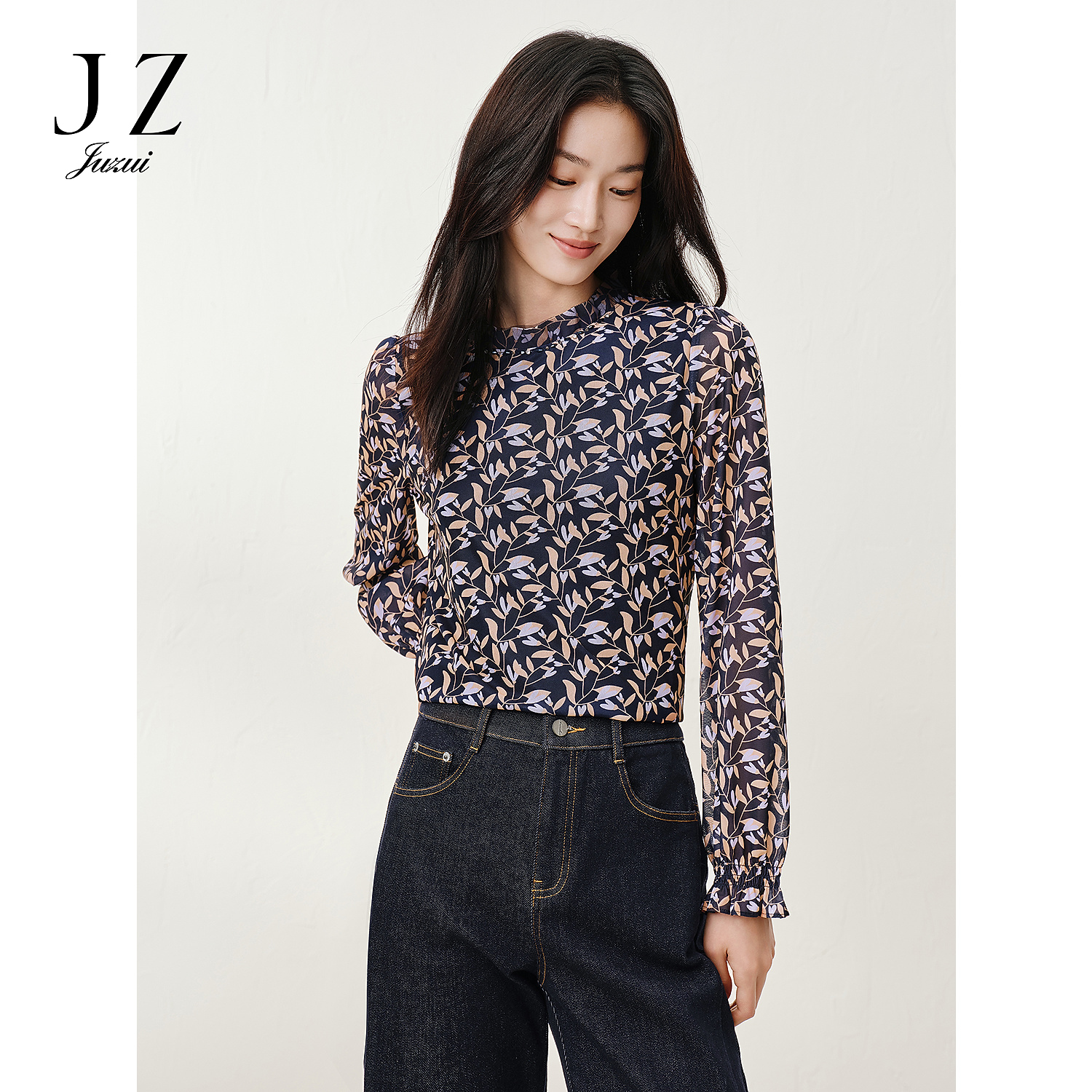 【安雅专属】JUZUI玖姿JTFQ80101优雅复古网布撞色印花立领上衣女