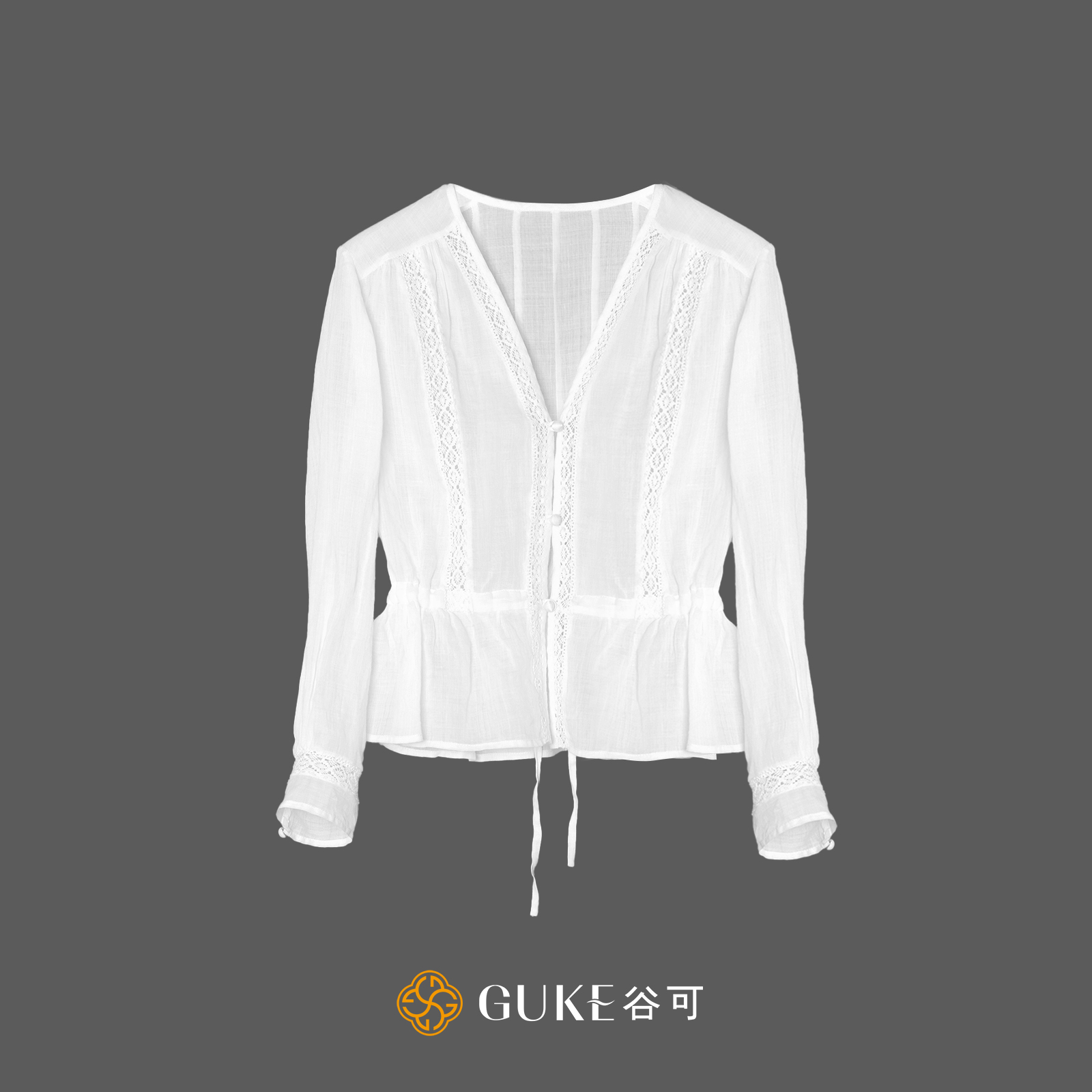 GKE/谷可S7507苎麻小衫女2025夏季新款V领系带法式小众设计感衬衫