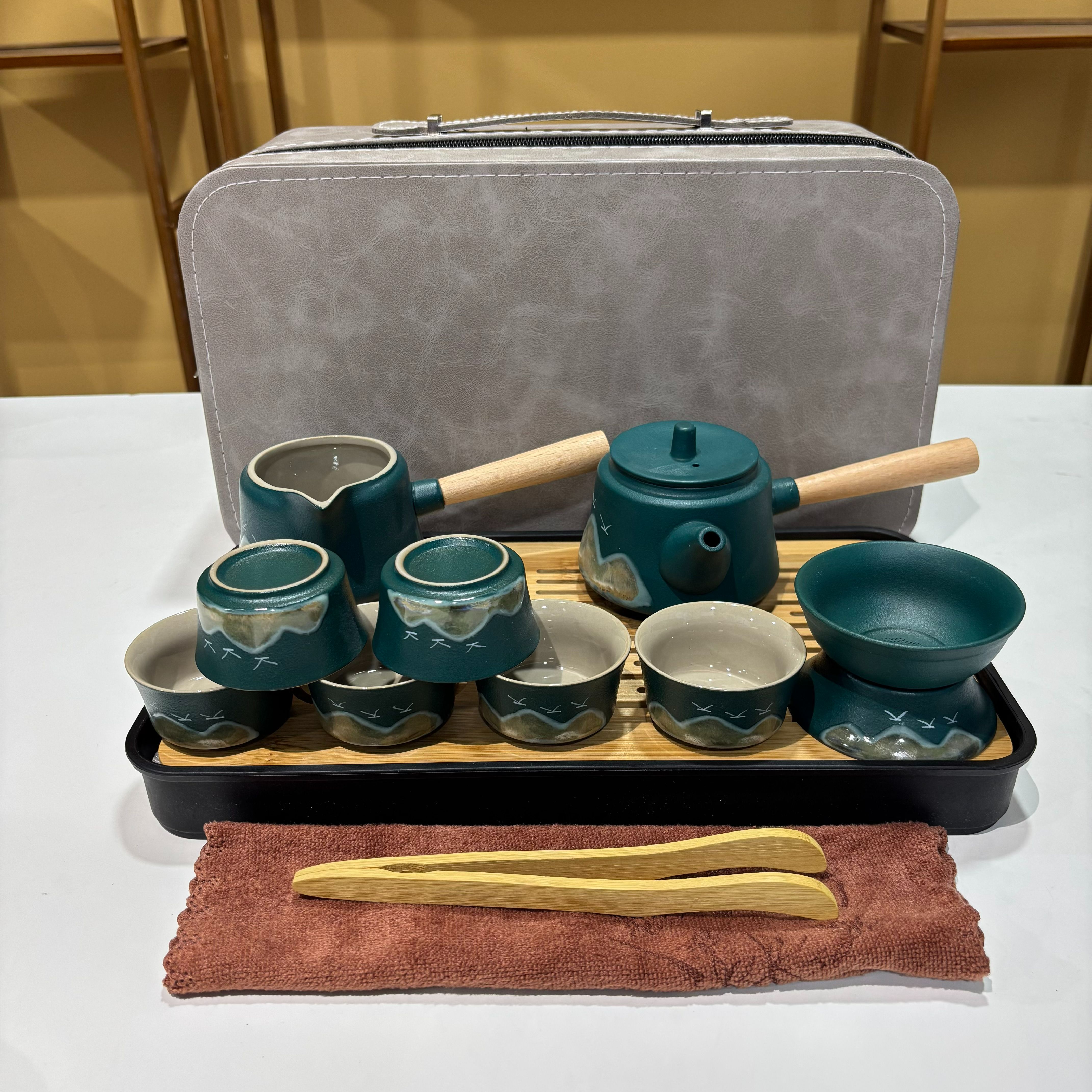 Z2438绿粗陶青山飞鸟侧把壶侧把公杯茶漏6竹盘+茶巾茶夹/灰皮包
