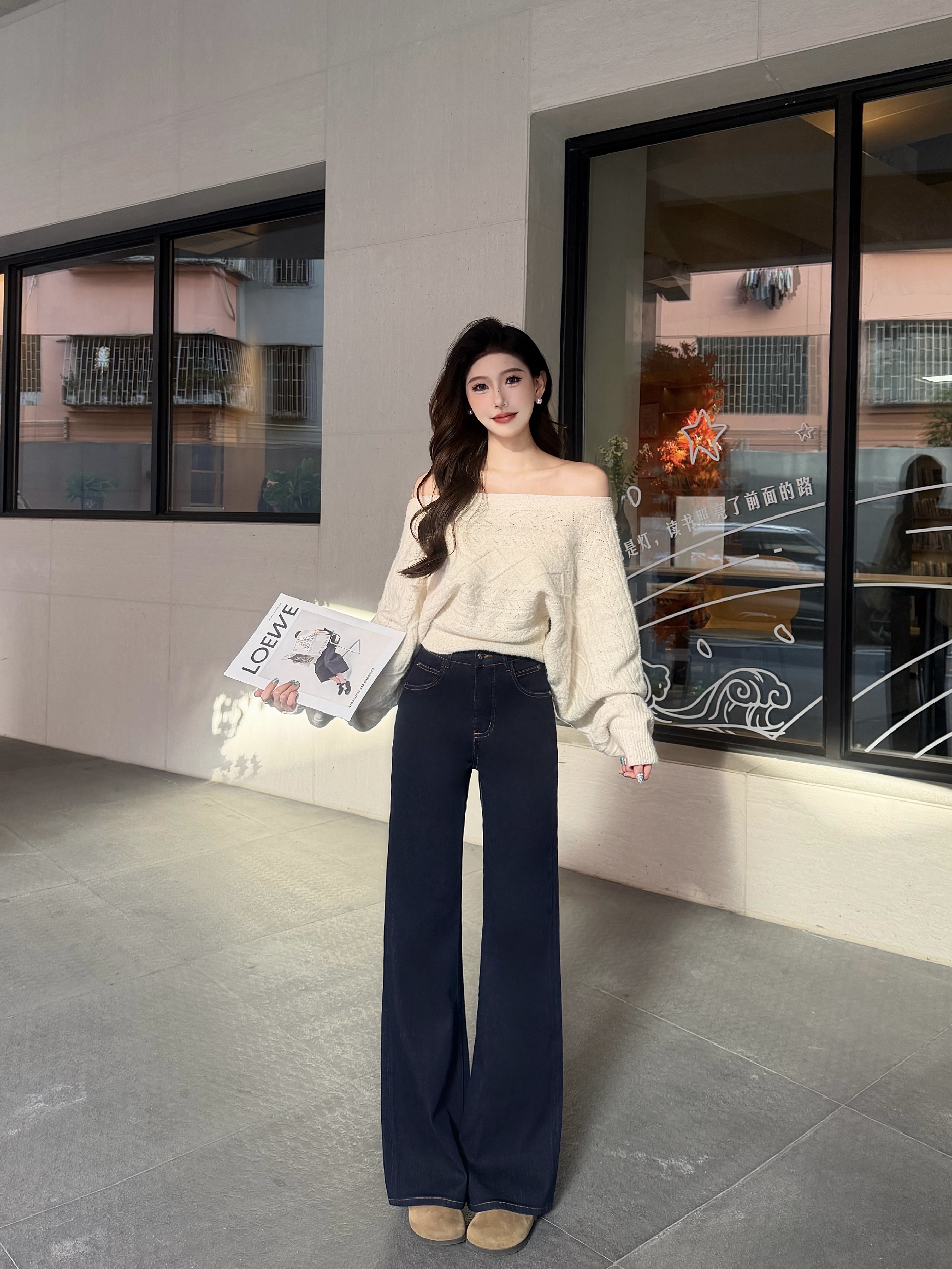 Homiestudio2026春季新品丹宁蓝牛仔裤 四面弹 不贴腿垂感筒喇裤