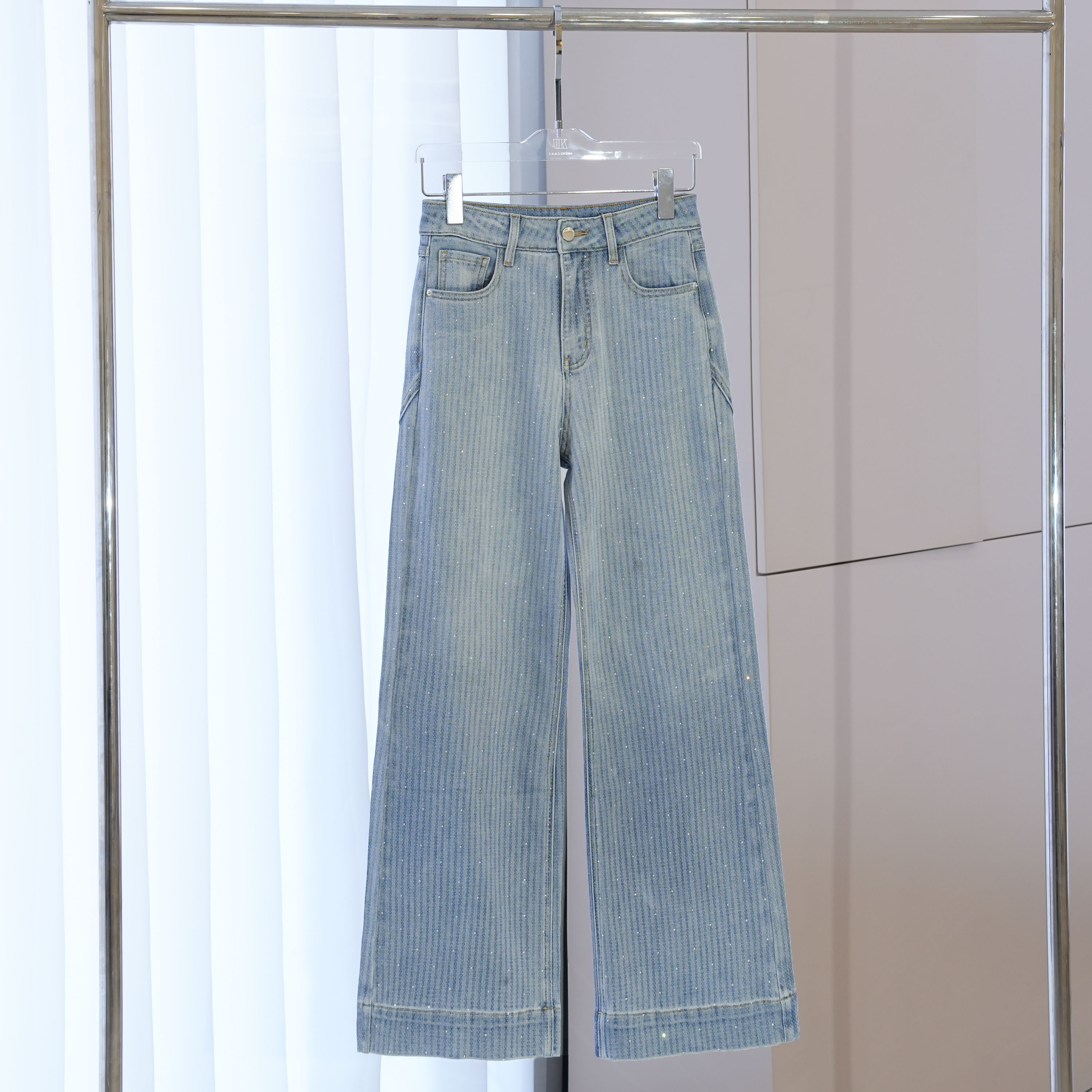 【珊珊】| 烫钻牛仔裤「MIU」高温烫钻竖条纹牛仔裤阔腿直筒裤122001
