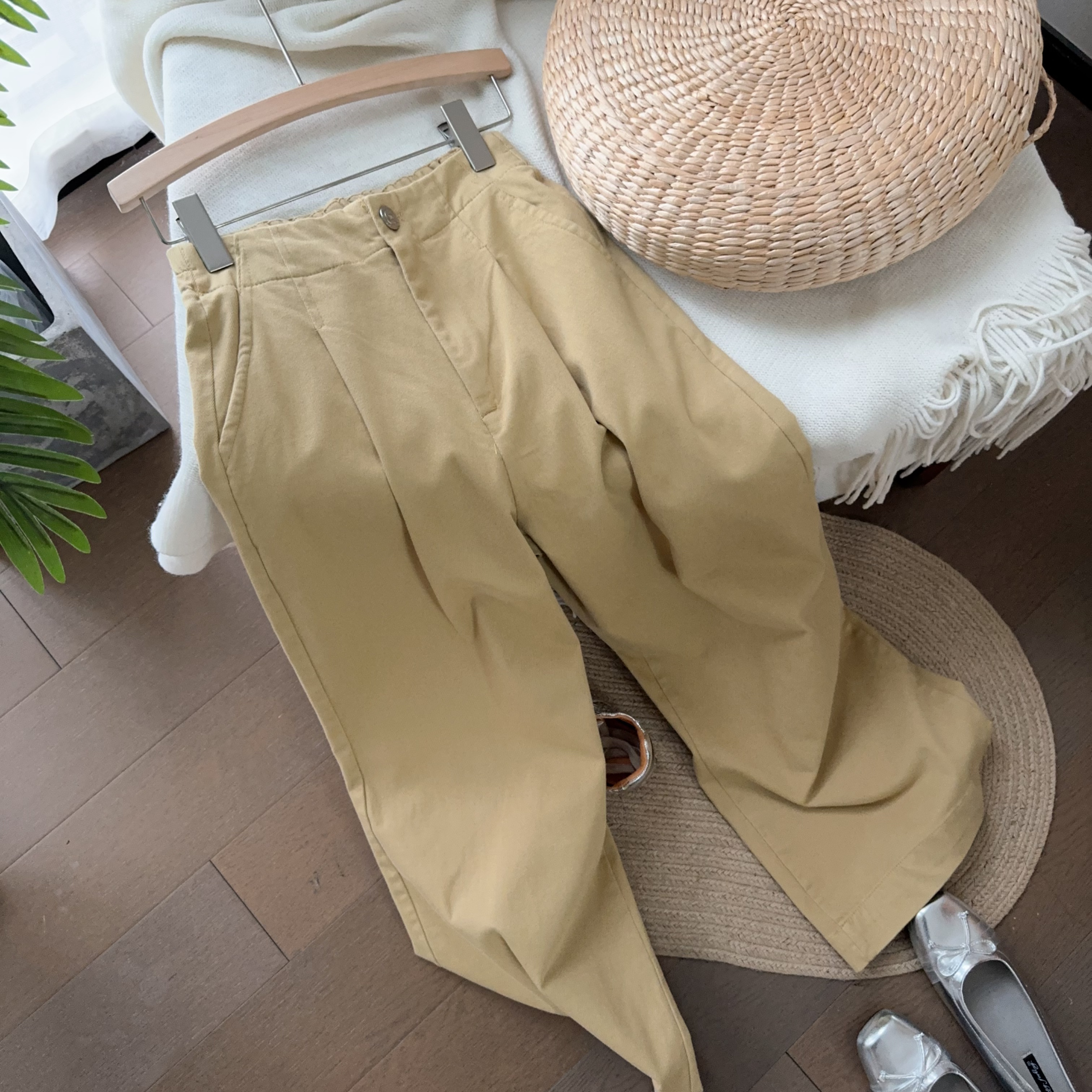 阔腿裤春夏极简风高腰通勤休闲裤工装裤宽松卡其色1034