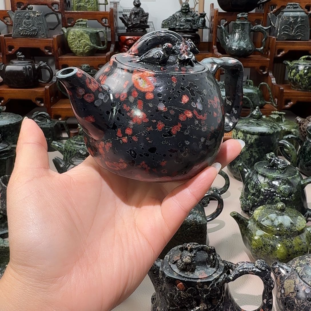 M***林蛇纹石玉未镶嵌藏玉药王石茶壶摆件