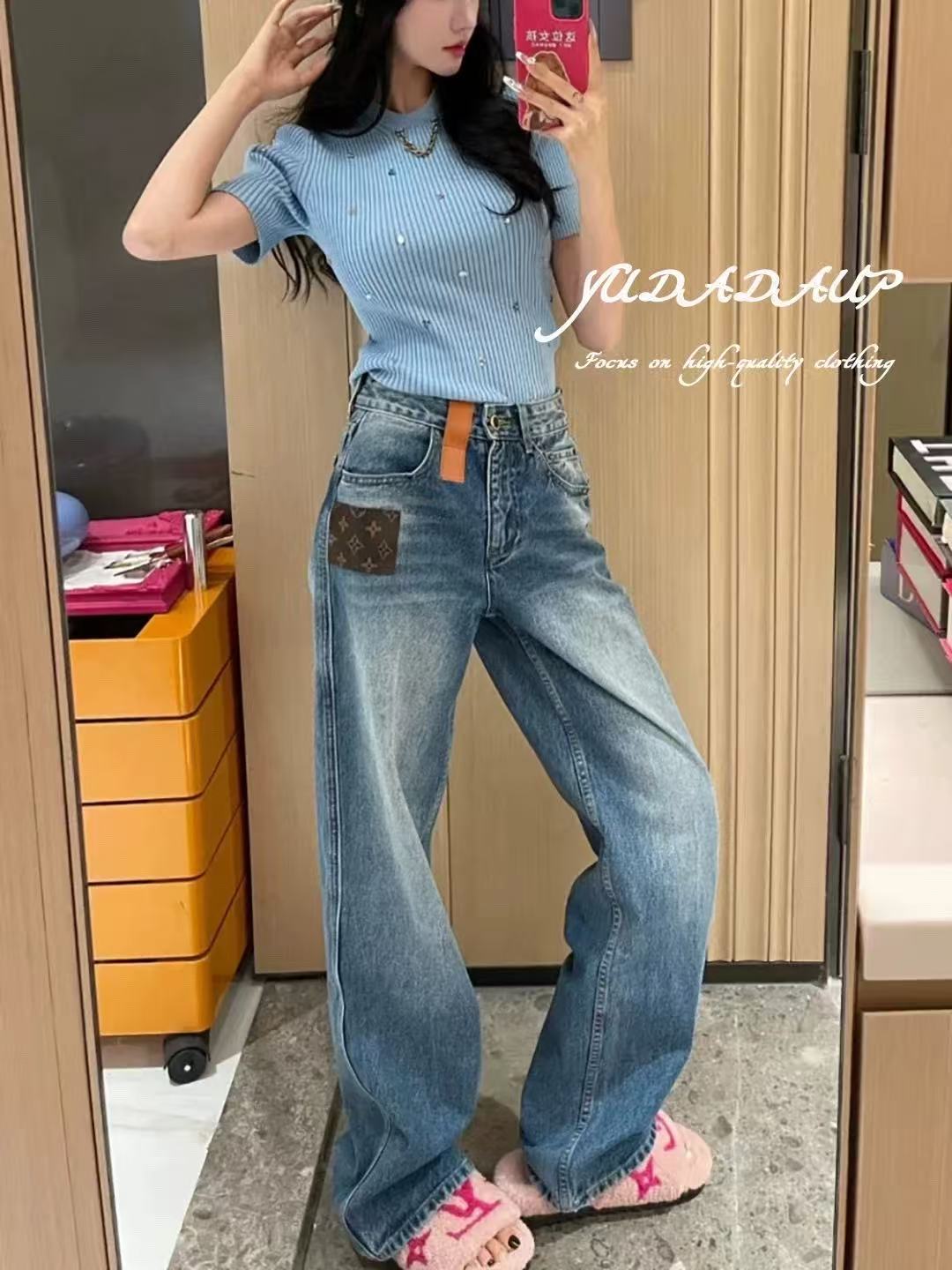 【CC】马户家新款高腰直筒牛仔长裤女