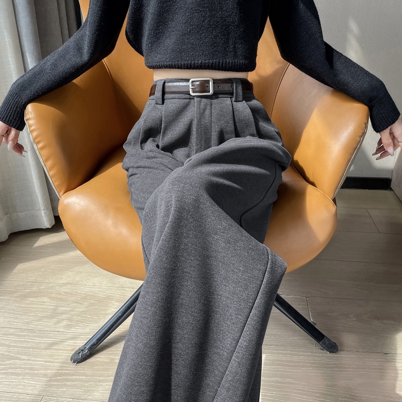 窄版毛呢阔腿裤女秋冬季新款高腰咖色西装裤高级感垂感拖地直筒裤