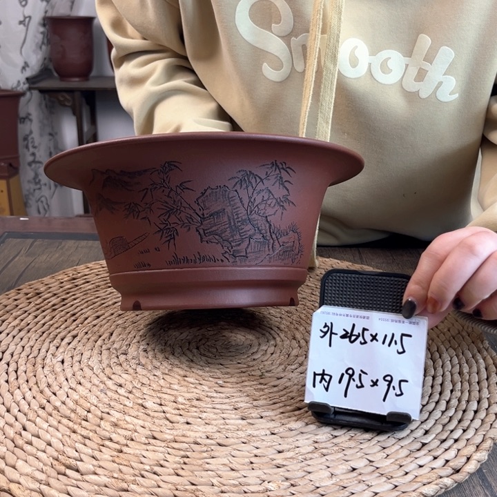 紫砂花盆全手工底槽清沐易老师刻绘