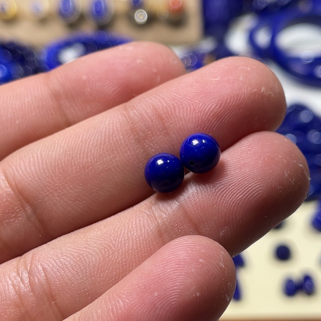 缅***鱼青金石未镶嵌精品6.7mm对珠