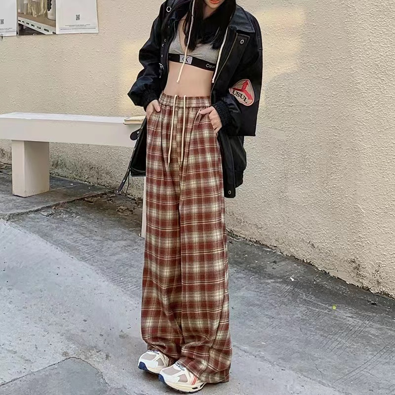 2025N春季新款 美式松紧腰设计高腰阔腿休闲裤 慵懒格子裤百搭