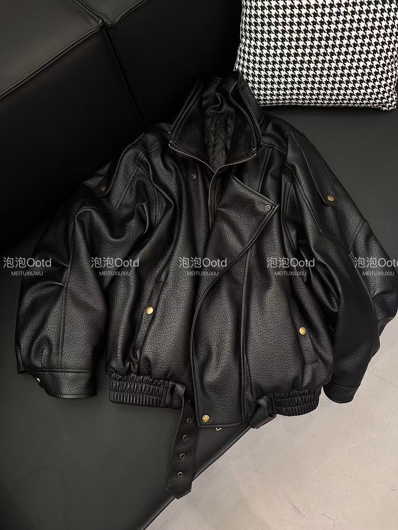 泡泡PAOPAO-双层立领PU皮重工复古夹棉皮衣外套短外套（夹棉）