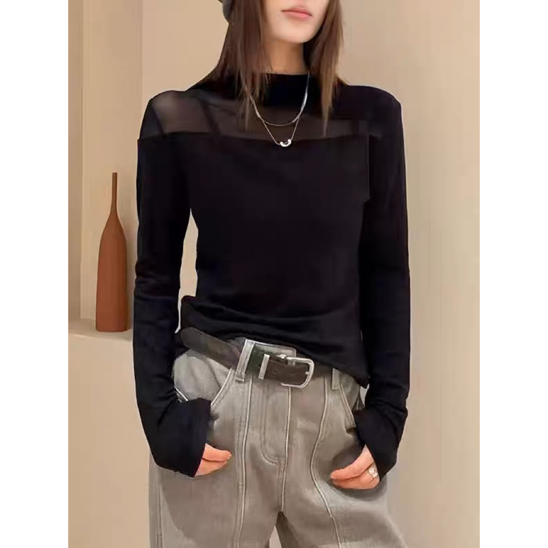 2025冬季新款设计感半高领拼接网纱磨毛长袖T恤女打底衫上衣809