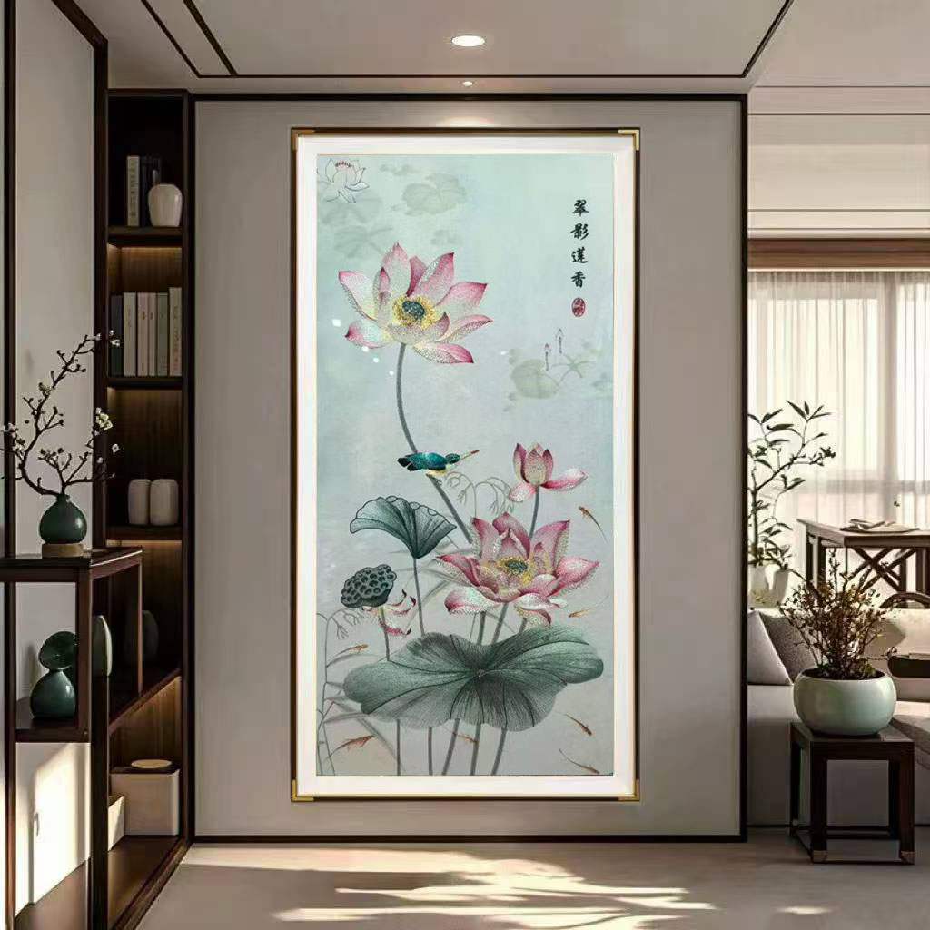 手工珠绣翠影莲香竖版装饰画新中式轻奢高级感入户玄关挂画织锦绣