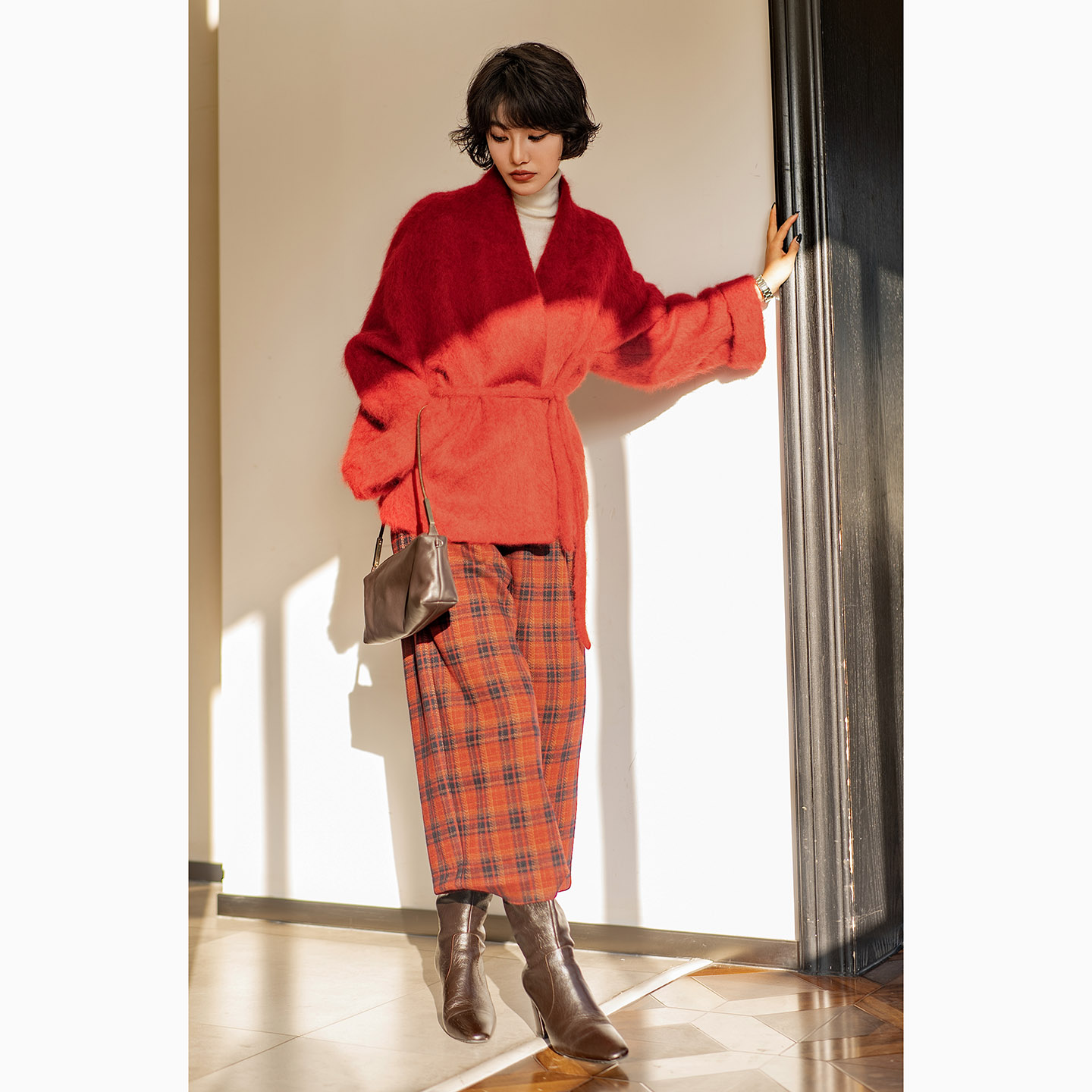 【梧桐别信】温柔极简立领羊绒拉绒短款大衣宽松系腰带冬季外套