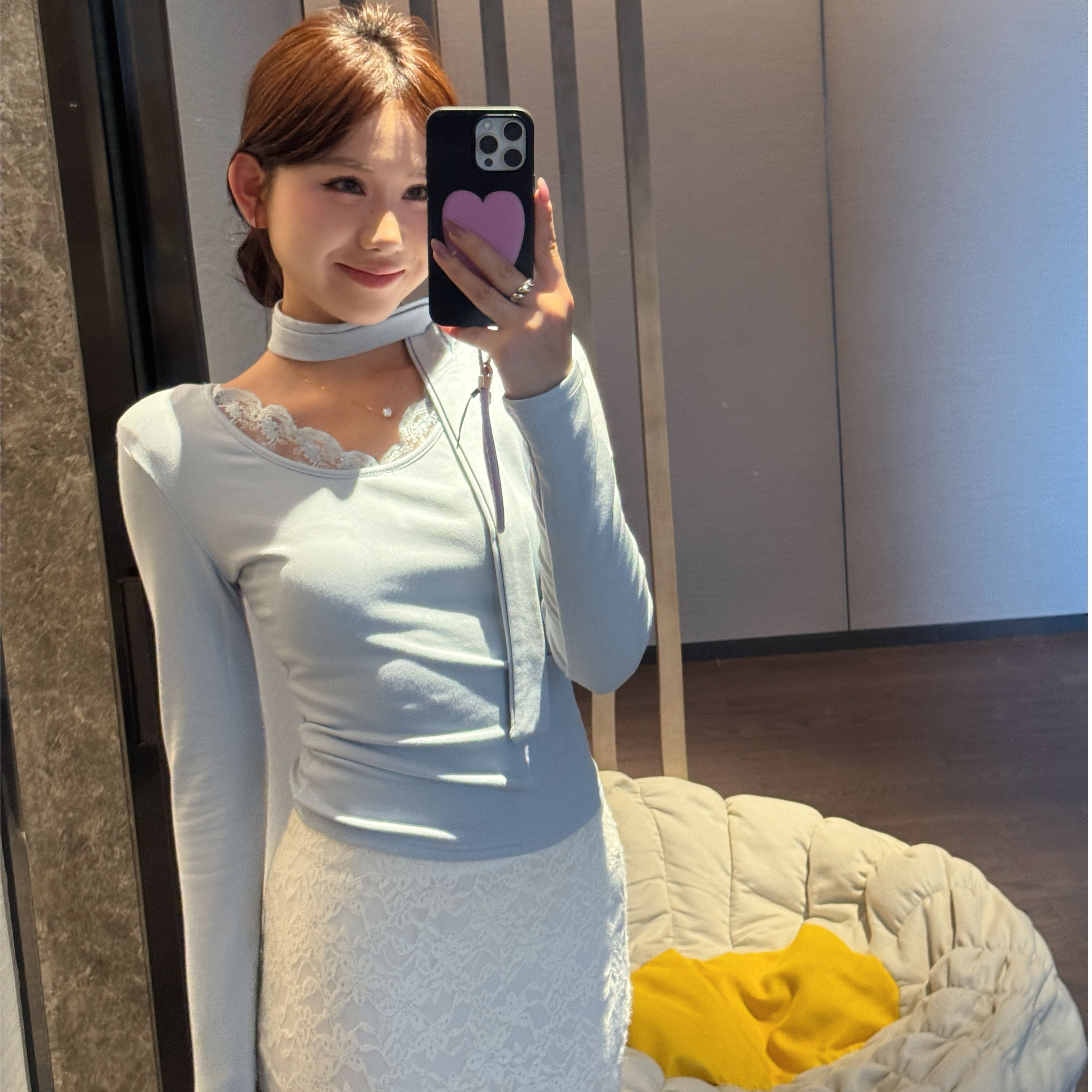 AFRESHM77【法式内搭】韩版修身显瘦蕾丝带飘带长袖T恤女上衣Y0431