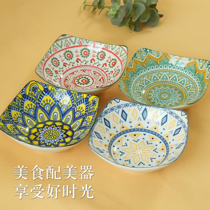 釉下彩波西米亚风家用陶瓷翘脚碗大容量深碗耐高温高颜值餐具商品图