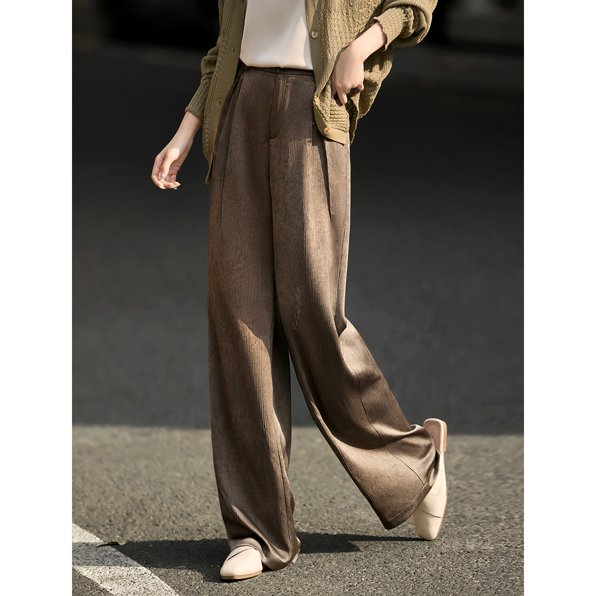 XWI/欣未老钱风暗纹提花工字褶设计阔腿裤2025春季通勤休闲女长裤