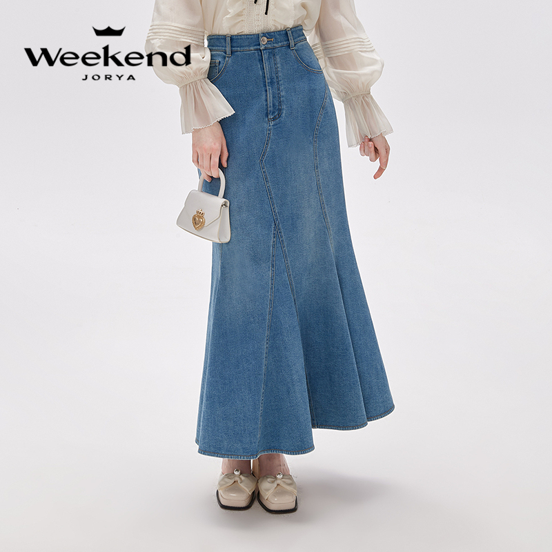卓雅周末秋季新款休闲高腰设计感口袋鱼尾牛仔半身裙EJWDCW40