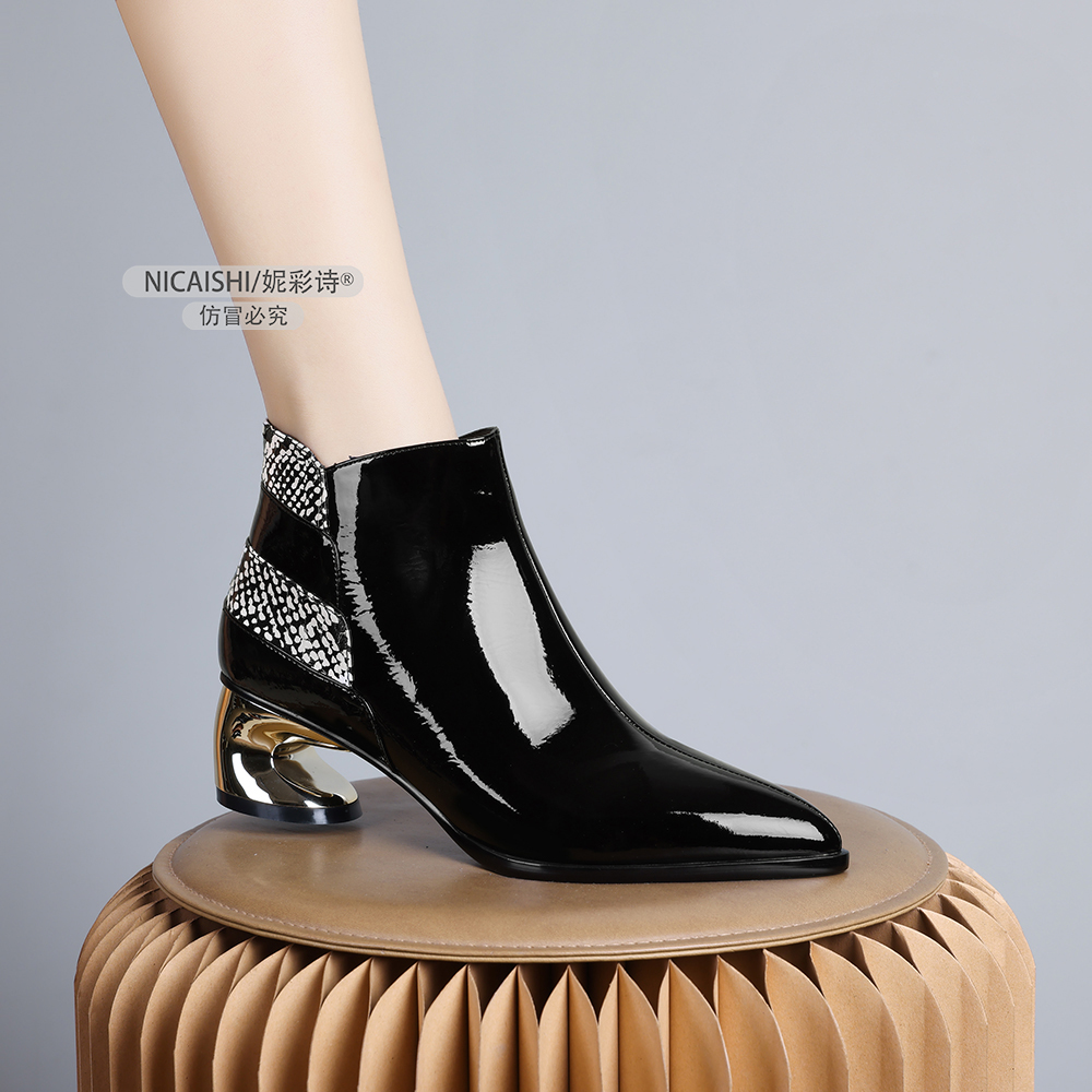 2024年新款欧美中跟及踝靴子女短靴尖头拼接丁靴时尚加绒靴子0364