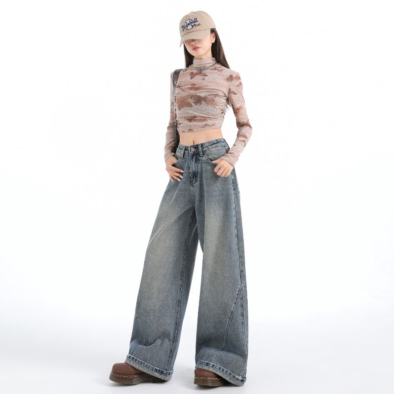 复古高腰大阔腿牛仔裤女休闲宽松显瘦直筒甩甩裤秋