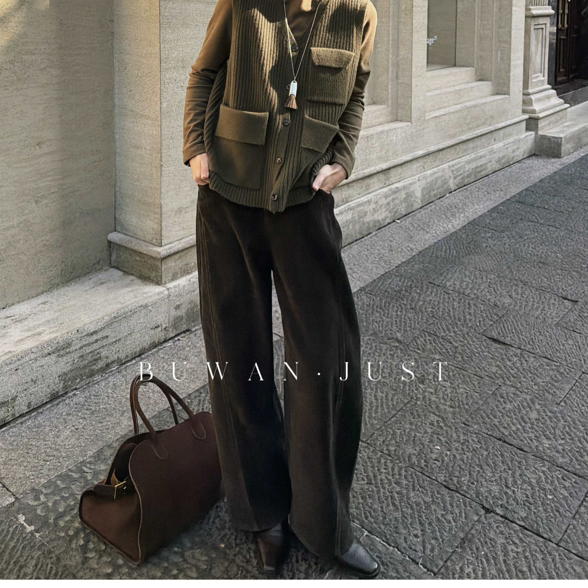 BUWANJUST高品定制加绒加厚一件过冬配皮带质感廓形休闲裤B2512