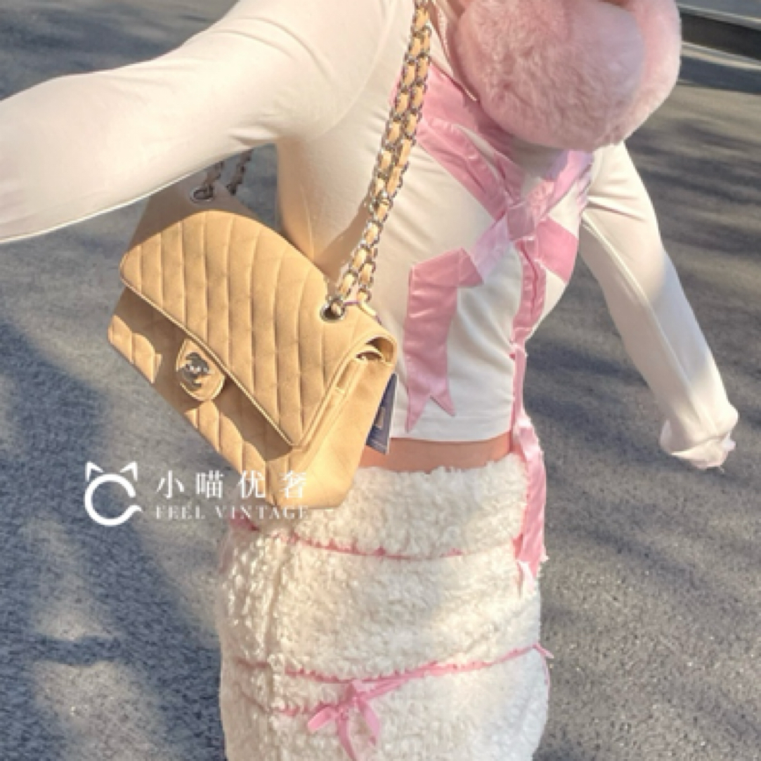 99新 Chanel/香奈儿 米银奶茶色荔枝纹牛皮经典cf翻盖单肩斜挎包