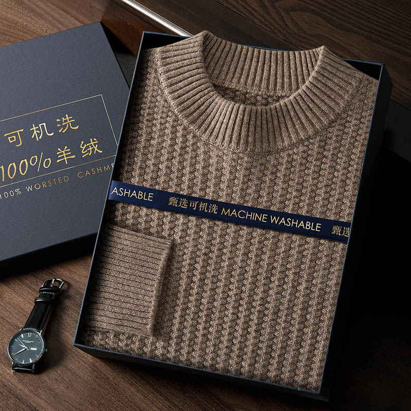 【可机洗】100%纯山羊绒男士加厚半高领套头针织毛衣商务休闲保暖