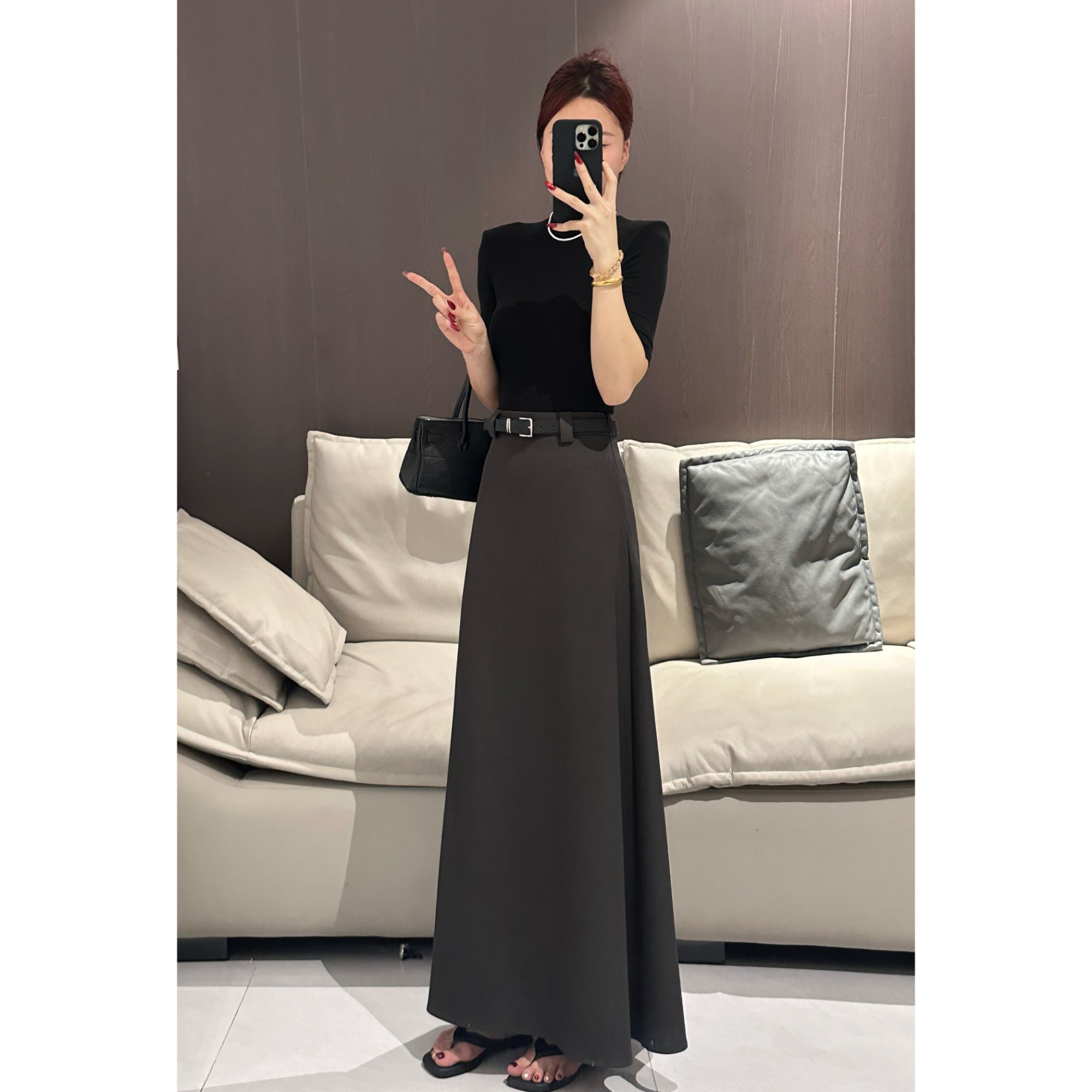 小众高腰长款半身裙2025秋季新款气质收腰显瘦百搭A字裙女+腰带