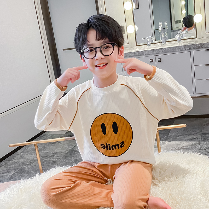 可爱卡通舒绒棉笑脸套棕家居服小孩睡衣2025秋季新款儿童睡衣套装