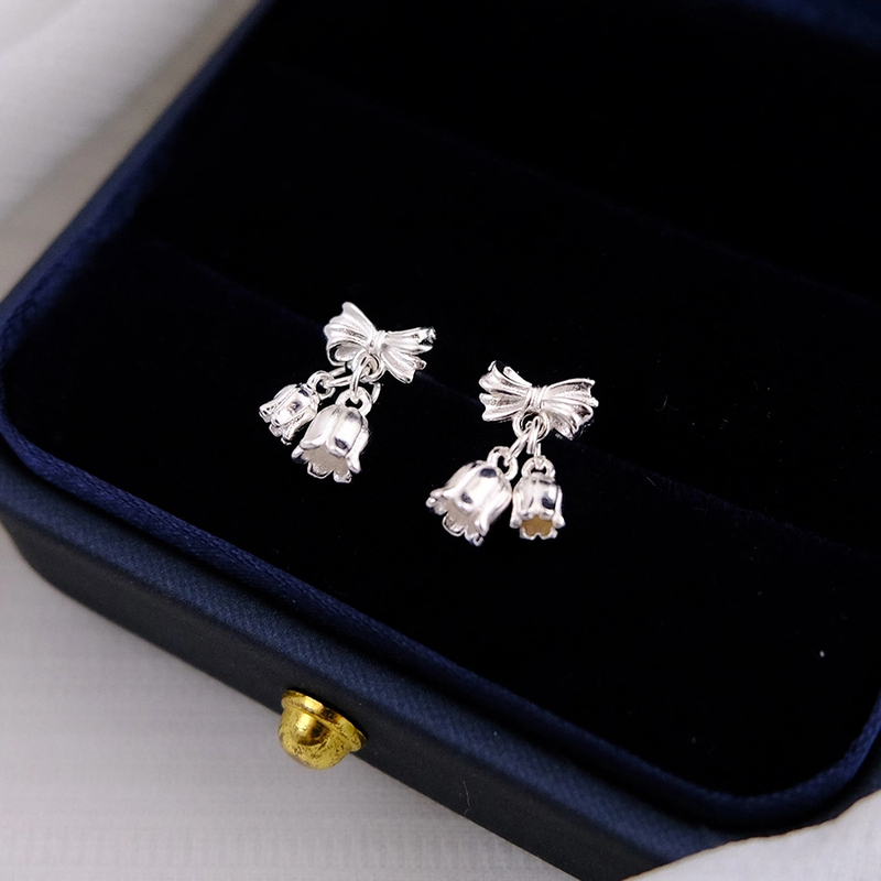 足银耳饰 999纯银铃兰花蝴蝶结耳钉女小众设计感轻奢气质耳环简约