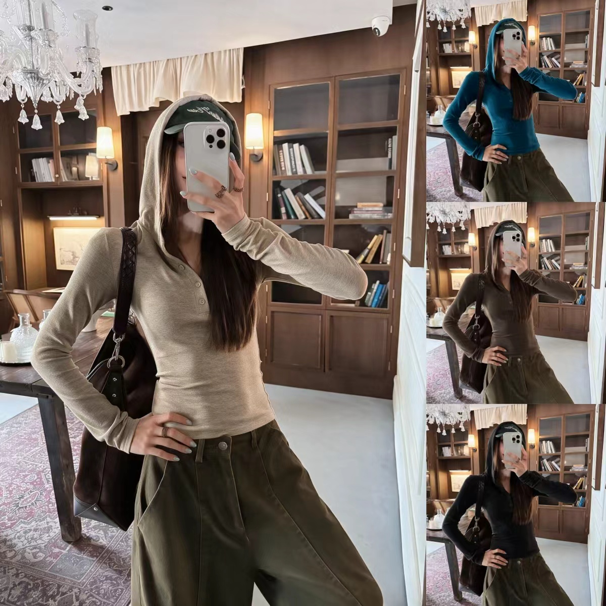 2026早秋韩系简约半开扣连帽T恤收腰修身辣妹内搭长袖上衣女