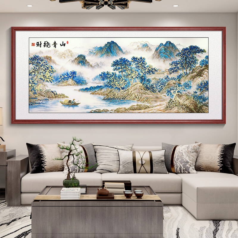 浮雕描金 财绕青山 新中式山水客厅装饰画办公室沙发背景墙挂画