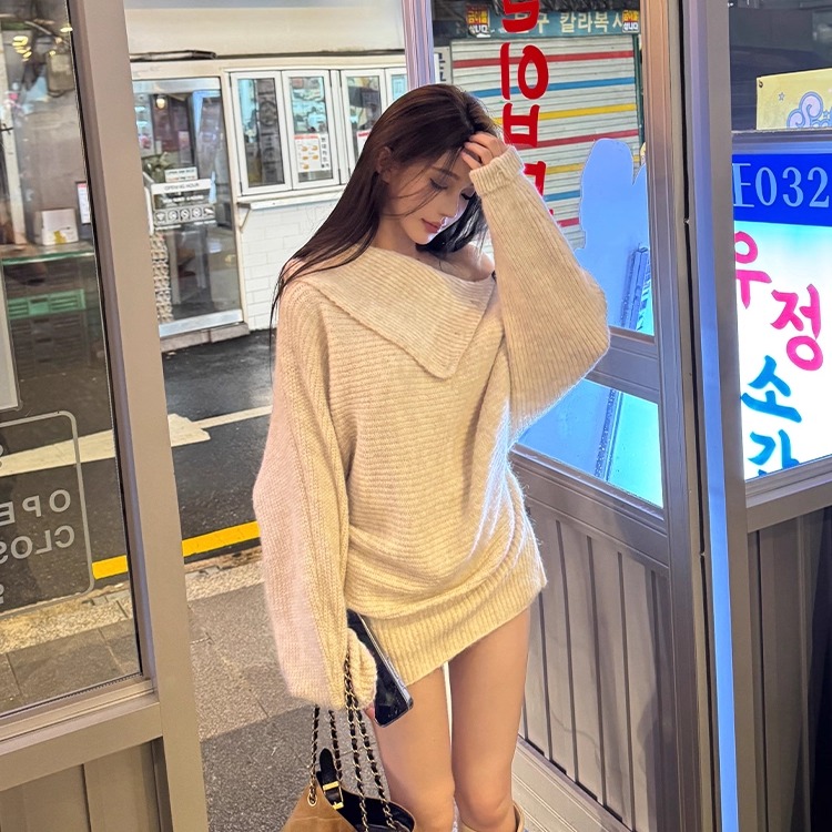 一只巧 【香雪玛芬】绵羊毛混纺纽扣一字堆堆领毛衣