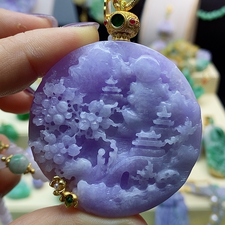 翡翠吊坠(赠链)未镶嵌紫翡雕刻山水吊坠