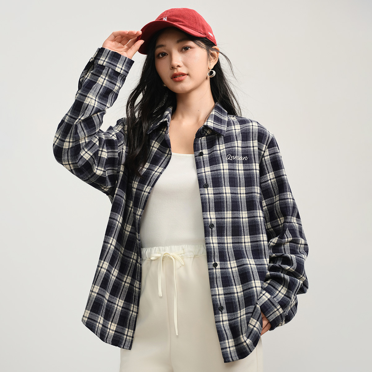 【流光风穿搭】茵曼25秋季港风复古学院风格子衬衫女百搭长袖衬衫