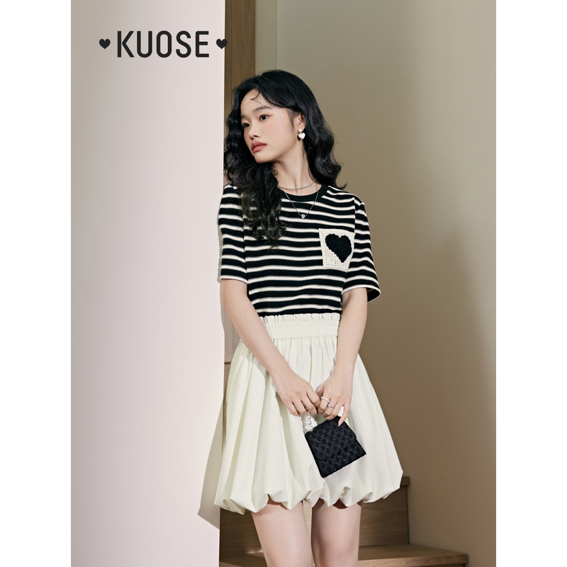 新【奥利奥卷】阔色条纹T恤女2025夏季新荷叶边正肩上衣KSD2403011