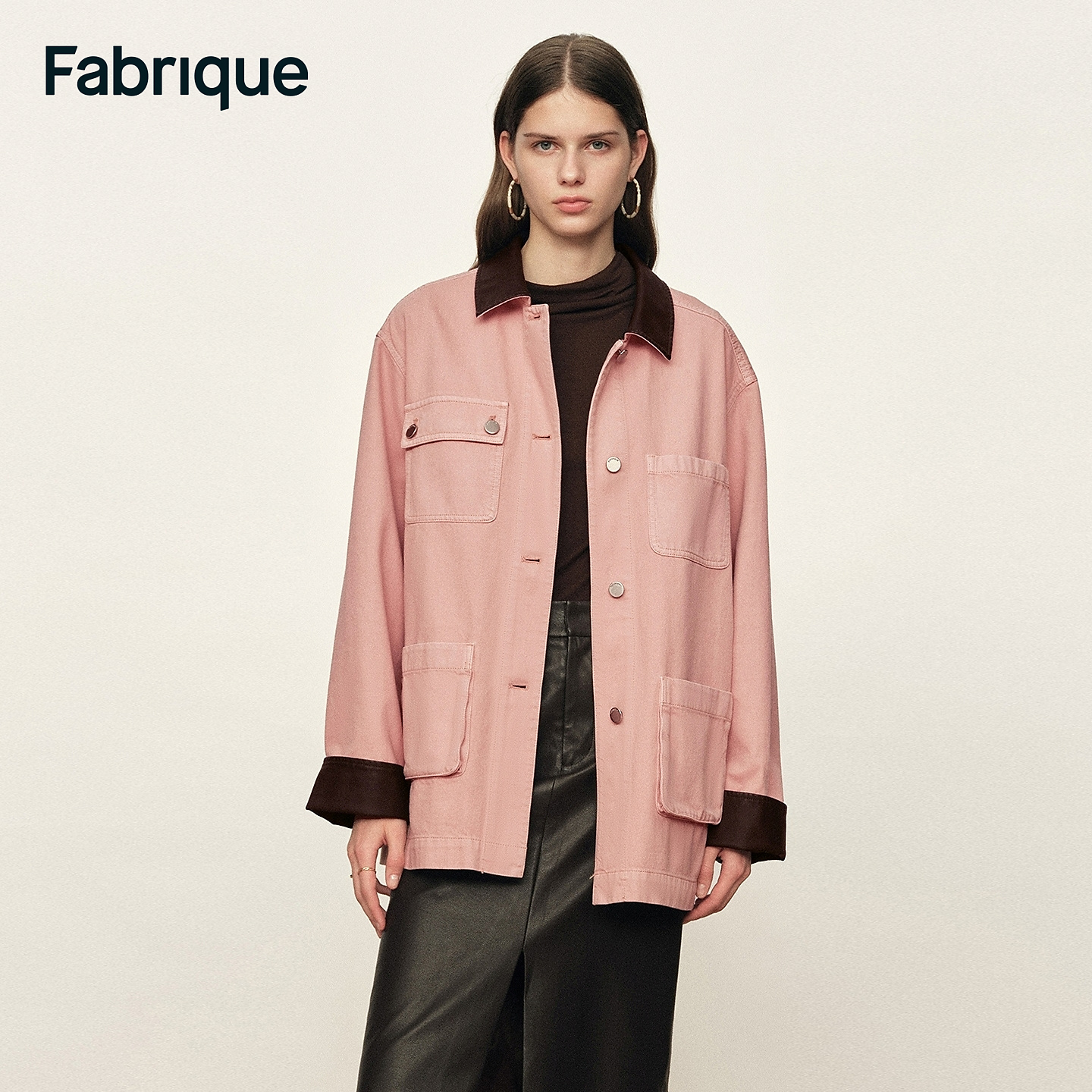 Fabrique Telmo 早春新品橡皮粉拼接皮领工装大廓形休闲夹克外套