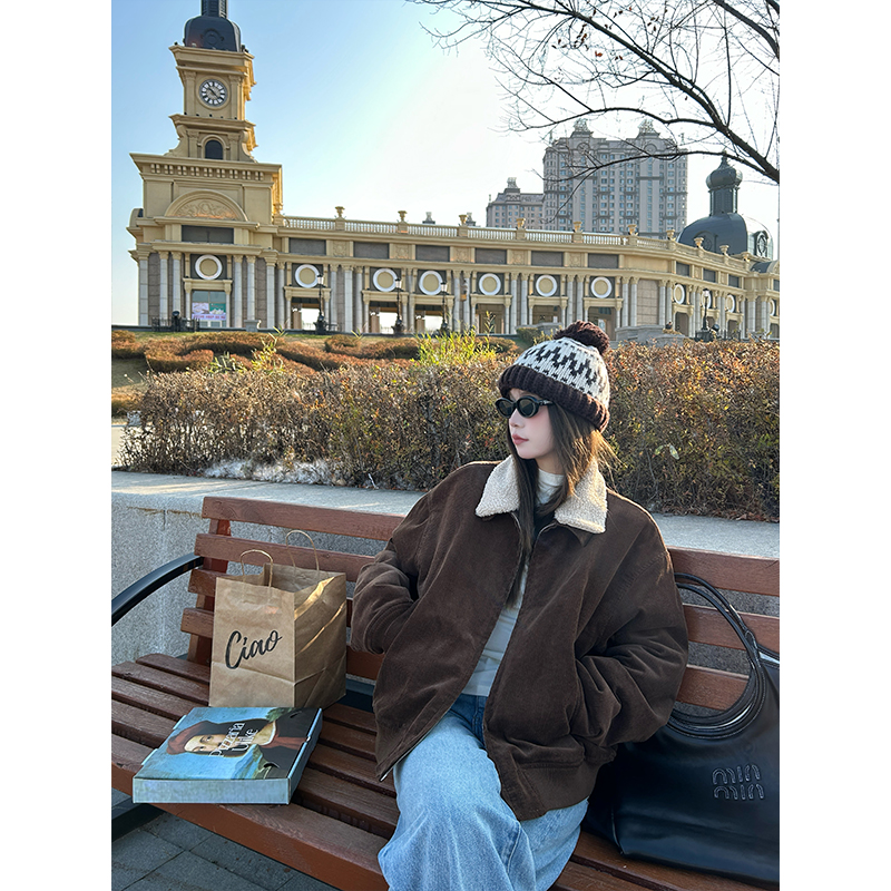 D YANGJUN 【年中福利】翻领上衣冬季巧克力拉链短款外套灯芯绒夹克