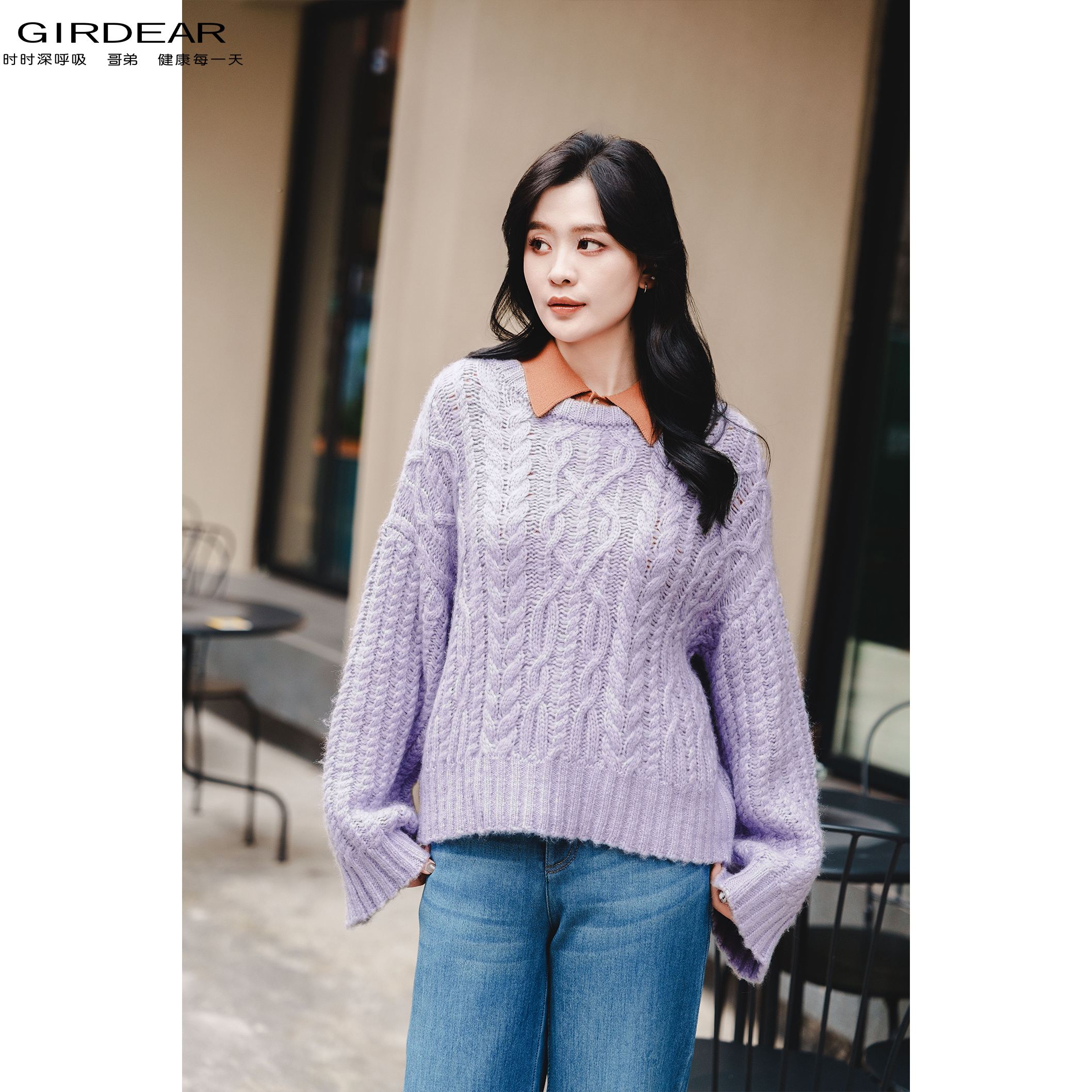 GIRDEAR/哥弟秋冬慵懒风时尚百搭提花圆领套头长袖毛衣女 1399572