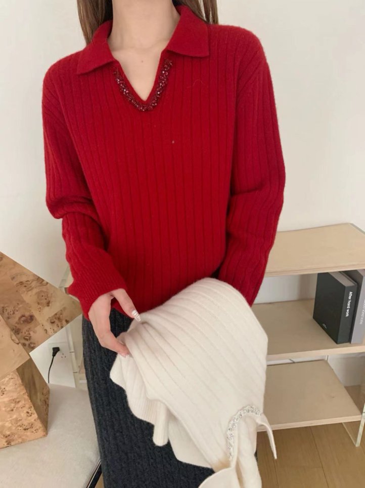 【潘潘.858806】新款秋冬100全羊毛翻领长袖针织竖条纹纯色毛衣