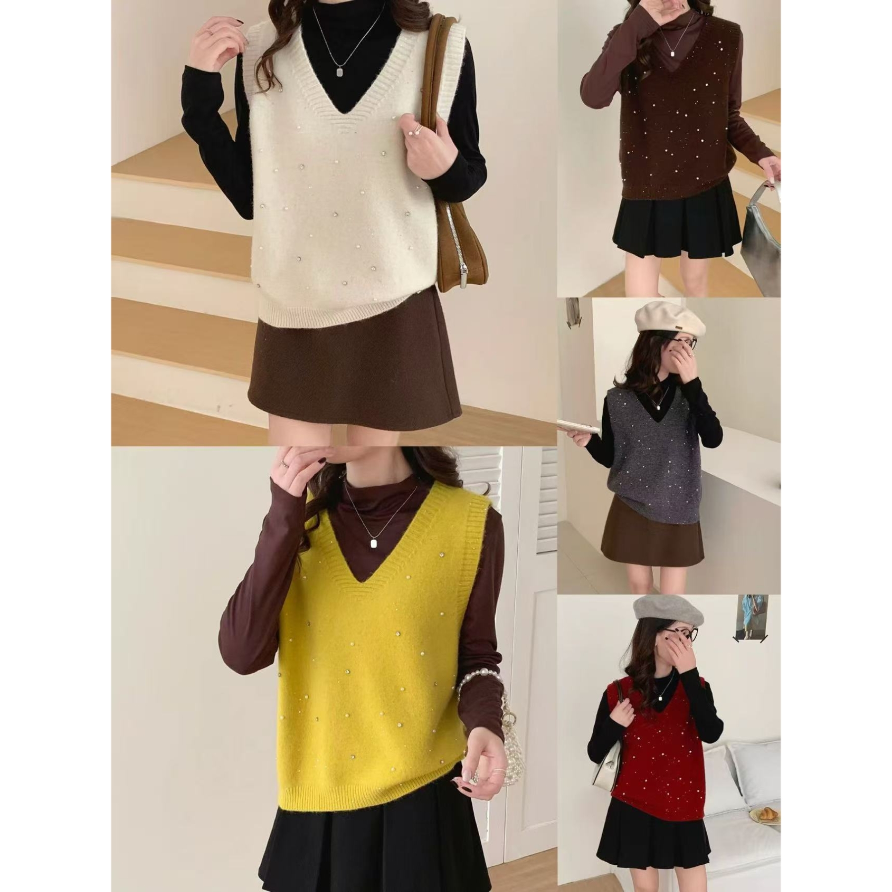 薇莎289V领重工设计款星空钉珠镶钻休闲毛衣针织马甲背心（单马甲）