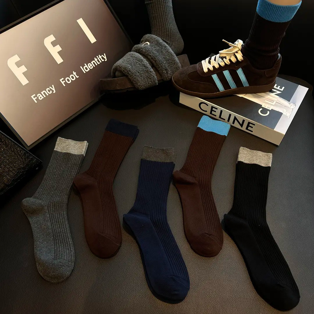 秋冬复古藏青色棕色ins潮双针棉中筒袜百搭不勒腿高级显瘦堆堆袜