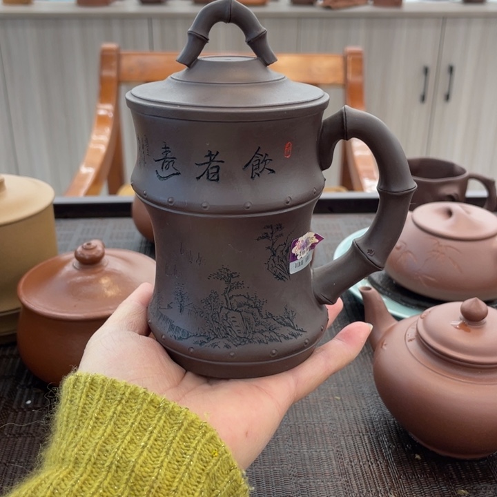 紫泥茶壶秀竹手工制作潘涛刻