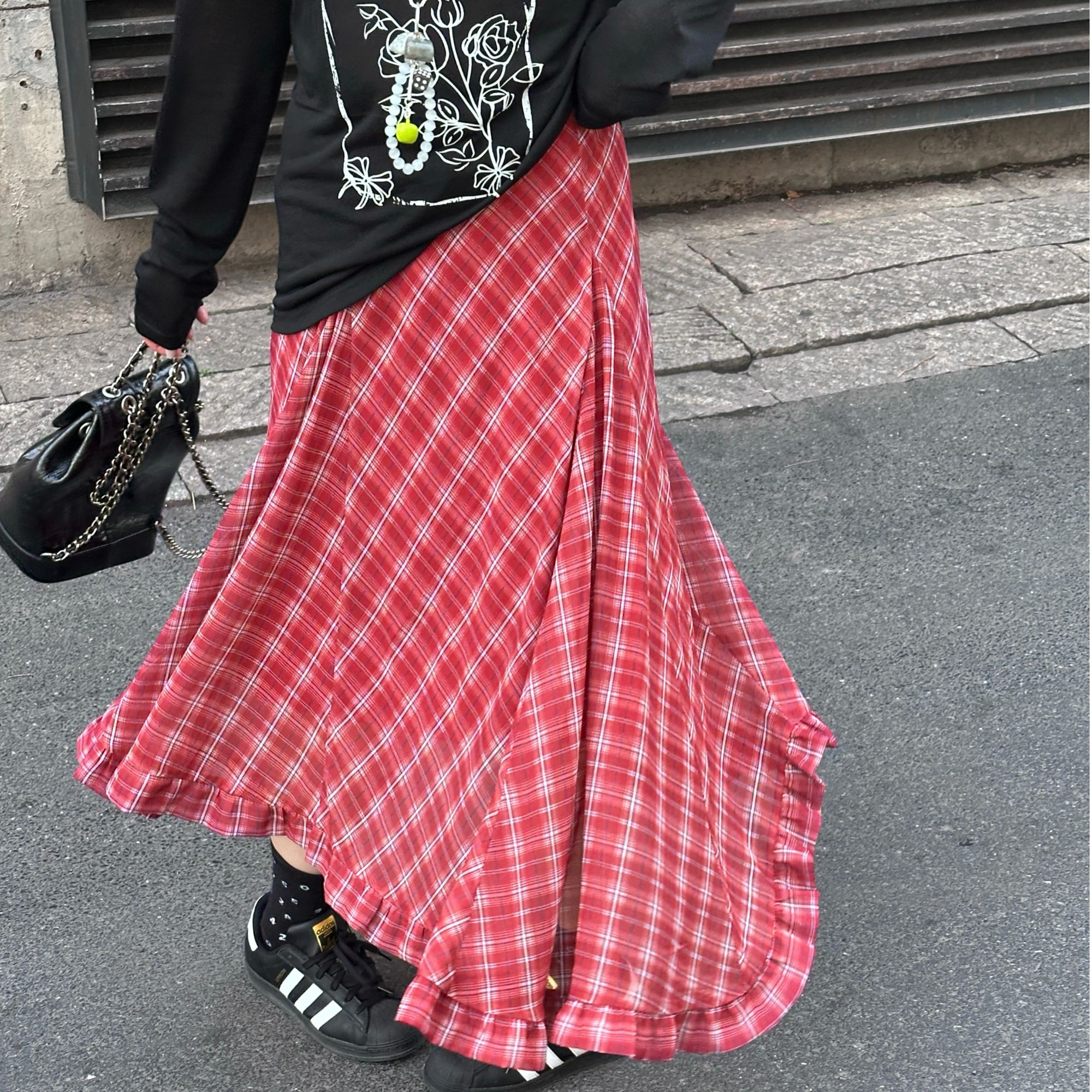 晶咕【复古格雷】时尚高腰百搭垂感大裙摆复古格子半身裙