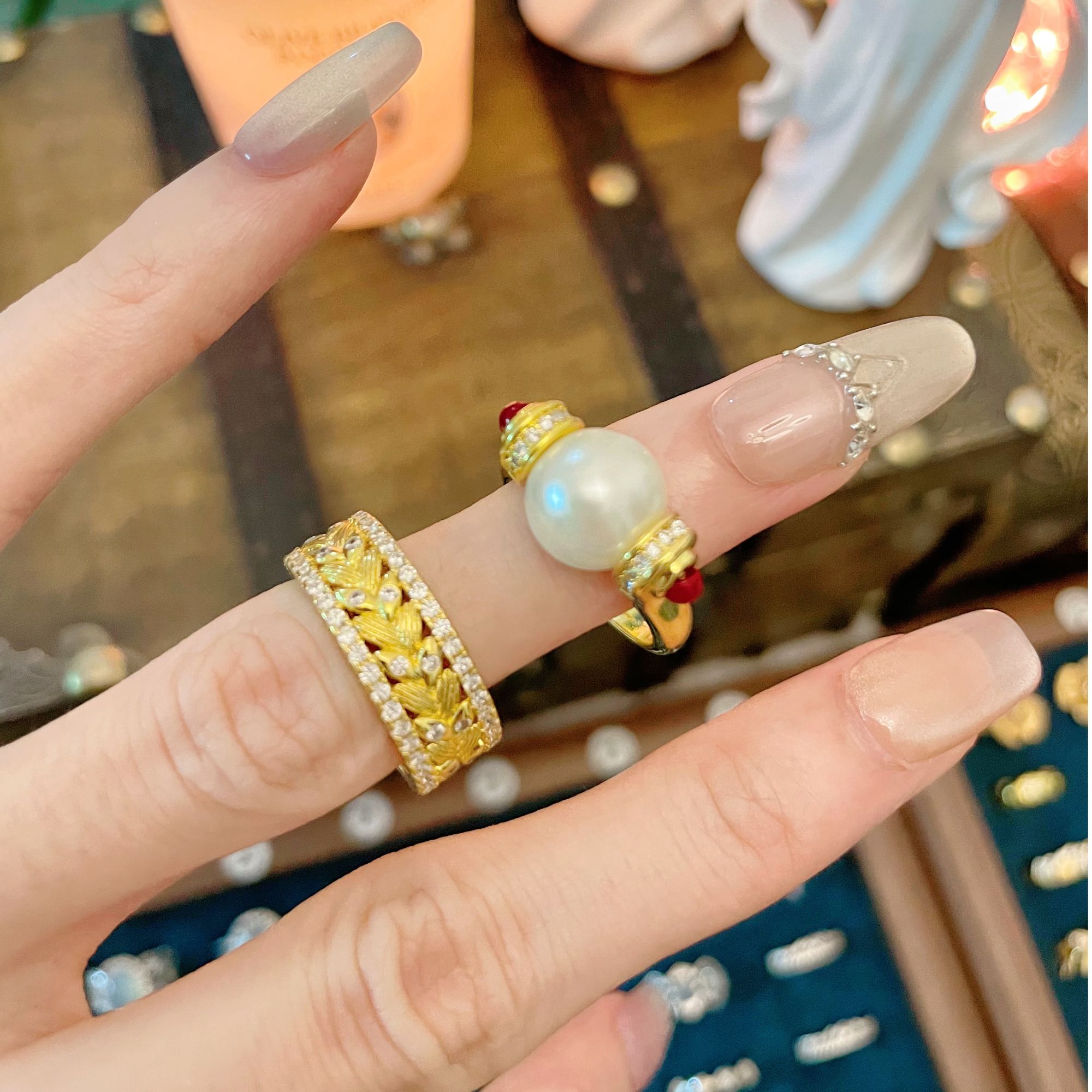 铜合金锆石戒指 铜合金时尚轻奢小众高级感拉丝手工麦穗戒指/项链